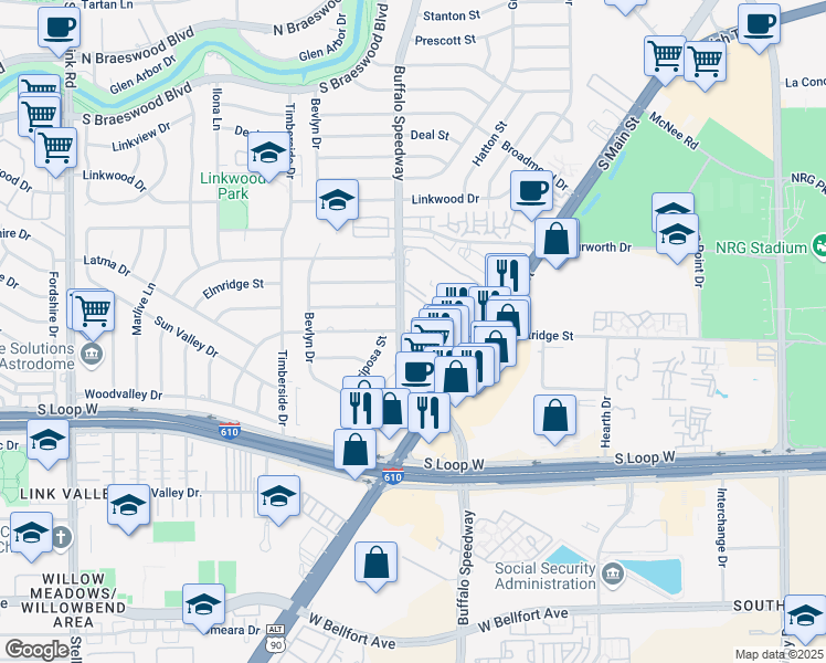 map of restaurants, bars, coffee shops, grocery stores, and more near 9514 Pemberton Trace in Houston