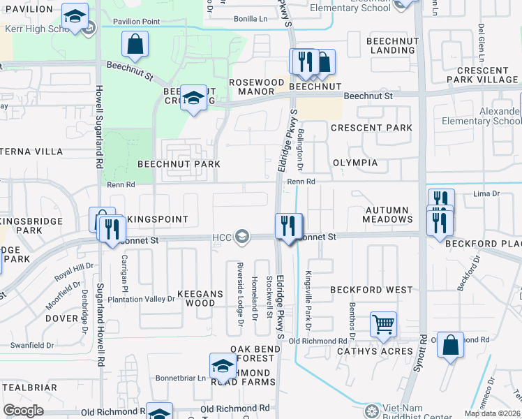 map of restaurants, bars, coffee shops, grocery stores, and more near 13751 Evansdale Lane in Houston
