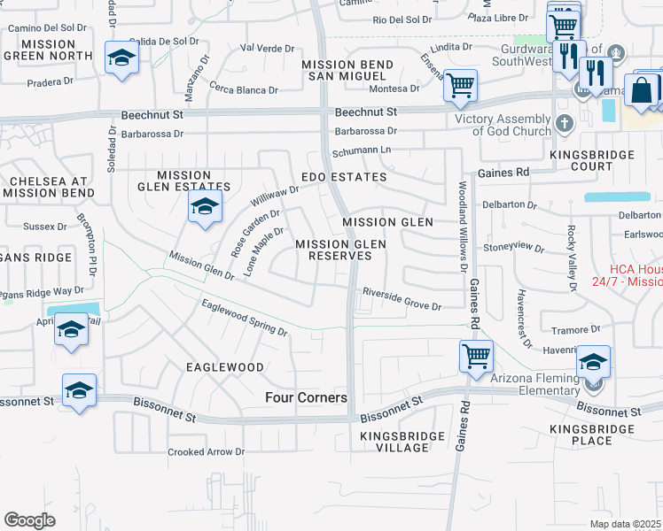 map of restaurants, bars, coffee shops, grocery stores, and more near 15811 Mission Crest Court in Houston