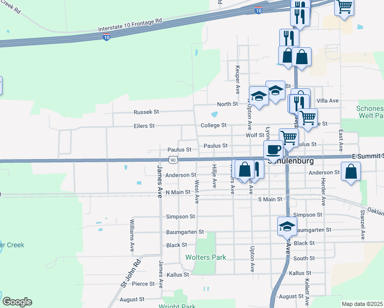 map of restaurants, bars, coffee shops, grocery stores, and more near 608 Bohlmann Avenue in Schulenburg