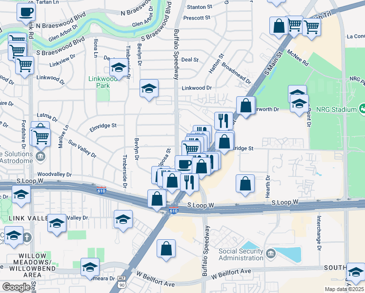 map of restaurants, bars, coffee shops, grocery stores, and more near 9514 Pemberton Trace in Houston