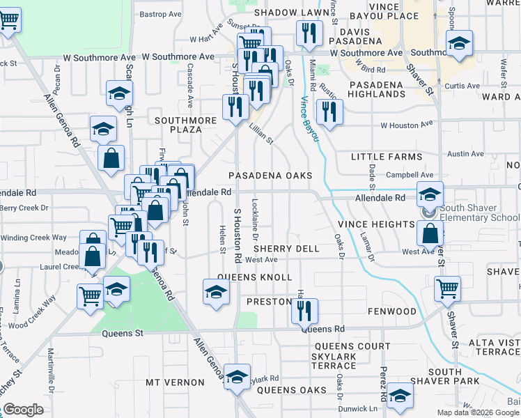map of restaurants, bars, coffee shops, grocery stores, and more near 2015 Locklaine Drive in Pasadena