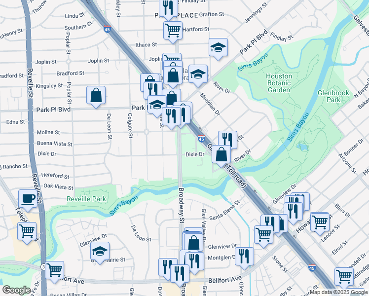 map of restaurants, bars, coffee shops, grocery stores, and more near 4021 Broadway Street in Houston