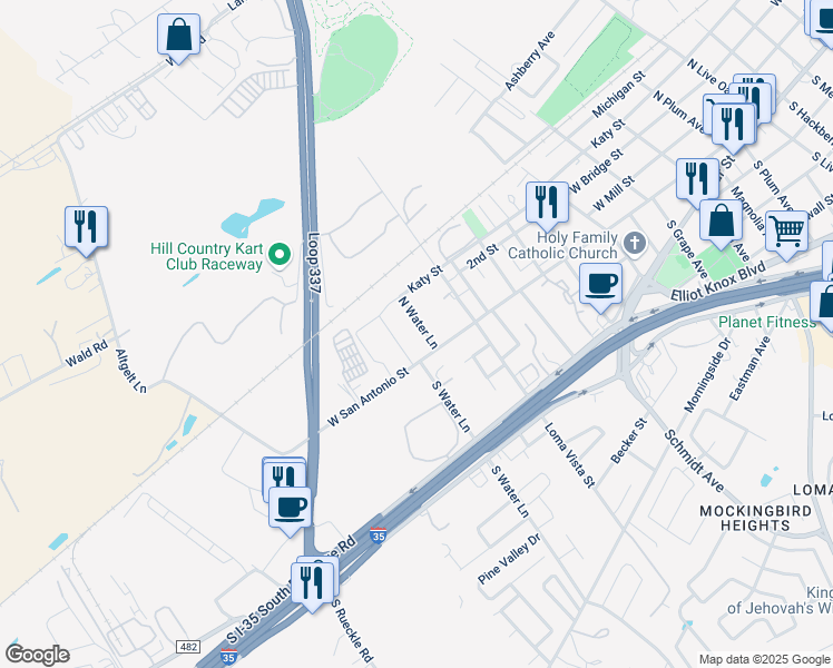 map of restaurants, bars, coffee shops, grocery stores, and more near 2990 West San Antonio Street in New Braunfels