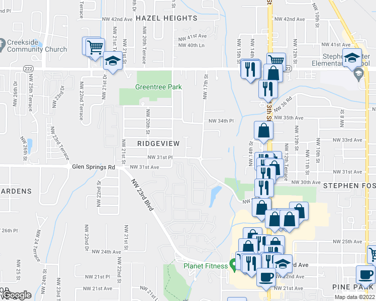 map of restaurants, bars, coffee shops, grocery stores, and more near 1711 Northwest 32nd Place in Gainesville