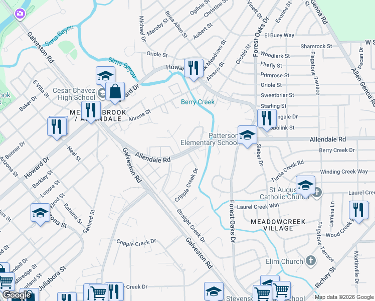 map of restaurants, bars, coffee shops, grocery stores, and more near 4901 Allendale Road in Houston
