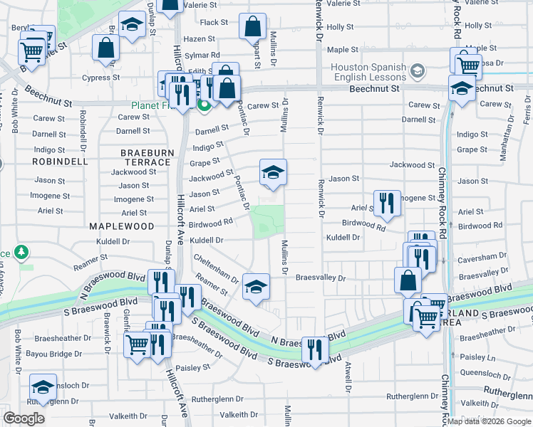map of restaurants, bars, coffee shops, grocery stores, and more near 8800 Mullins Drive in Houston