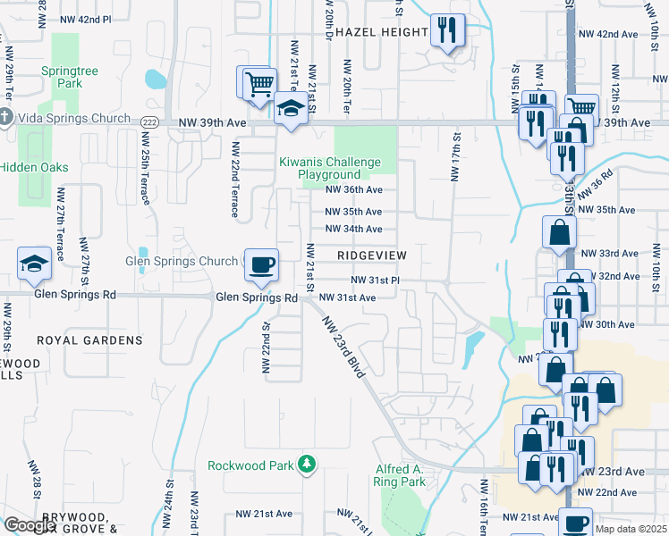 map of restaurants, bars, coffee shops, grocery stores, and more near 2027 Northwest 32 Place in Gainesville