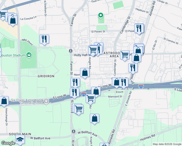 map of restaurants, bars, coffee shops, grocery stores, and more near 8406 Knight Road in Houston