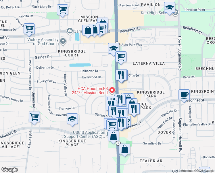 map of restaurants, bars, coffee shops, grocery stores, and more near 8810 South Texas 6 in Houston