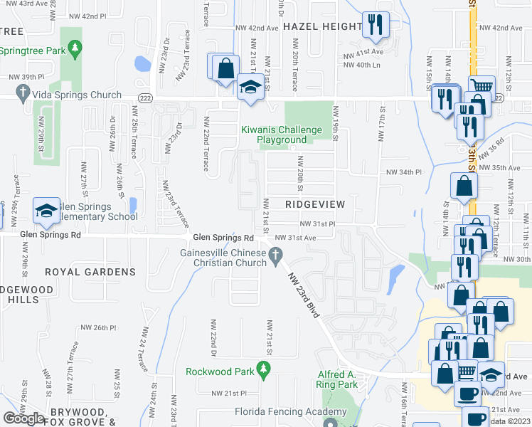 map of restaurants, bars, coffee shops, grocery stores, and more near 3128 Northwest 21st Street in Gainesville