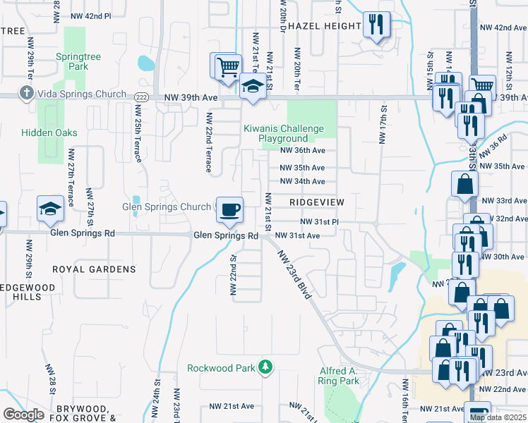 map of restaurants, bars, coffee shops, grocery stores, and more near 3126 Northwest 21st Street in Gainesville