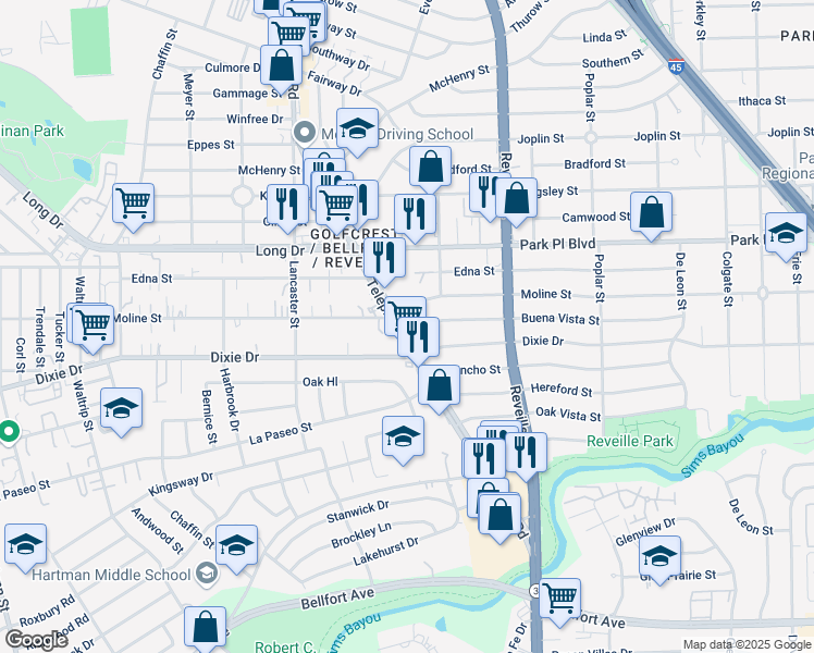 map of restaurants, bars, coffee shops, grocery stores, and more near 7369 Dixie Drive in Houston