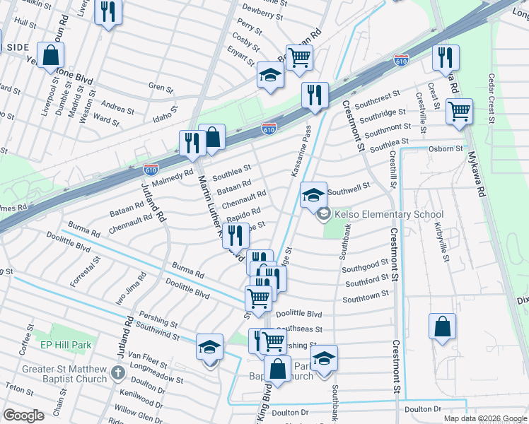 map of restaurants, bars, coffee shops, grocery stores, and more near 5413 Dieppe Street in Houston