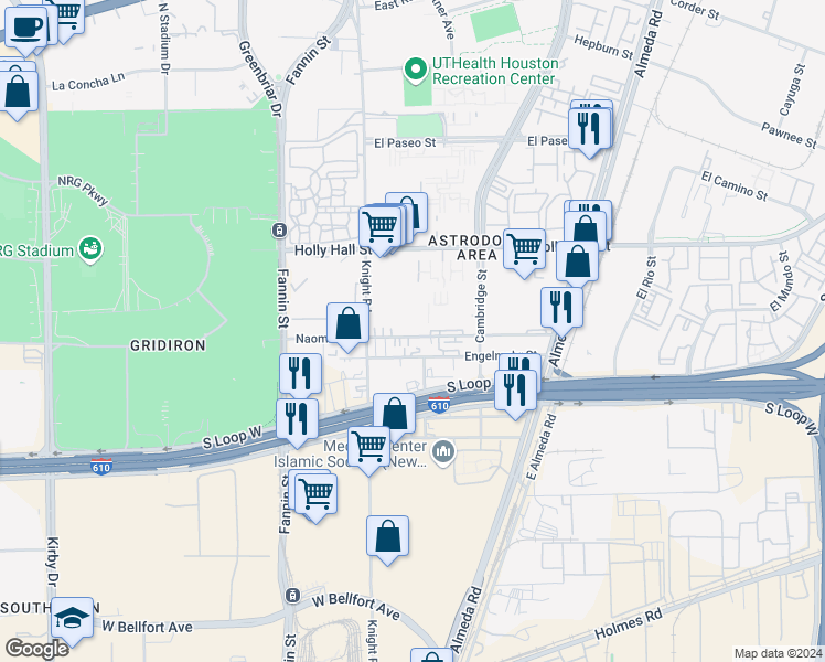 map of restaurants, bars, coffee shops, grocery stores, and more near 2124 Naomi Street in Houston