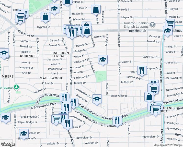 map of restaurants, bars, coffee shops, grocery stores, and more near 8906 Pontiac Drive in Houston