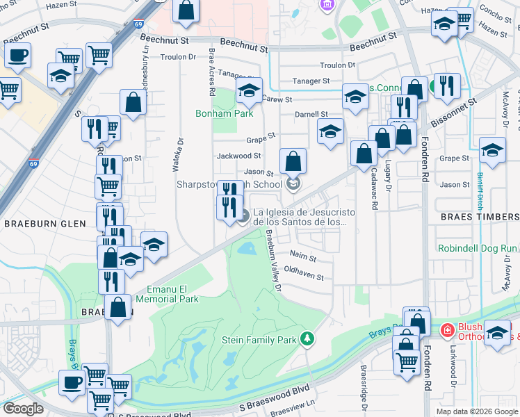 map of restaurants, bars, coffee shops, grocery stores, and more near in Houston