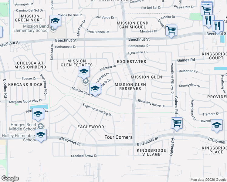 map of restaurants, bars, coffee shops, grocery stores, and more near 15918 Riverside Grove Drive in Houston
