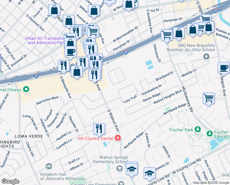 map of restaurants, bars, coffee shops, grocery stores, and more near 1024 Gardenia Drive in New Braunfels