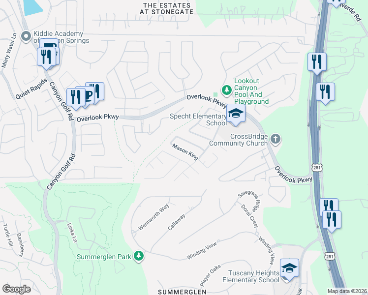 map of restaurants, bars, coffee shops, grocery stores, and more near 1652 Mason King in San Antonio