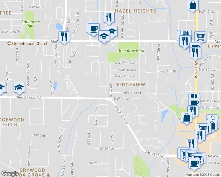 map of restaurants, bars, coffee shops, grocery stores, and more near 3130 Northwest 21st Street in Gainesville