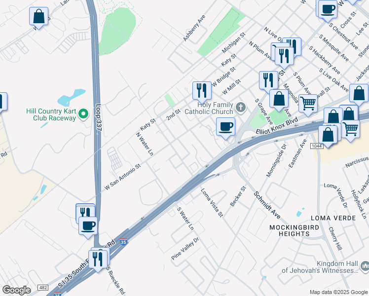 map of restaurants, bars, coffee shops, grocery stores, and more near 173 South Krueger Avenue in New Braunfels