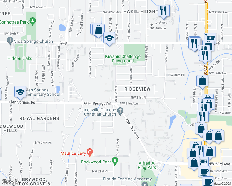 map of restaurants, bars, coffee shops, grocery stores, and more near 3132 Northwest 21st Street in Gainesville