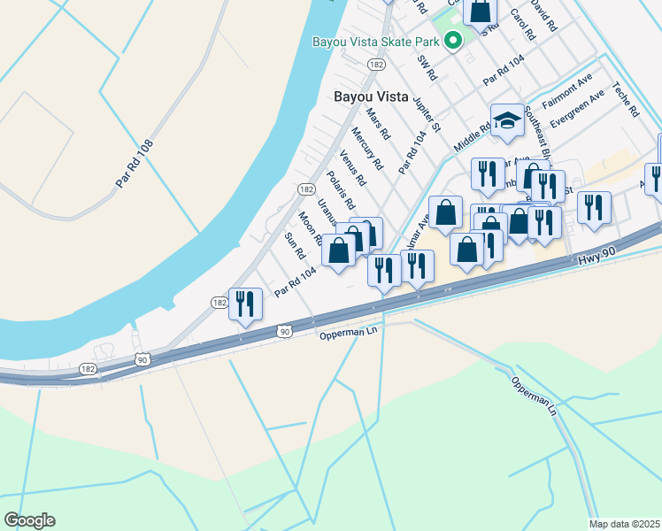 map of restaurants, bars, coffee shops, grocery stores, and more near 300-398 Par Road 104 in Morgan City