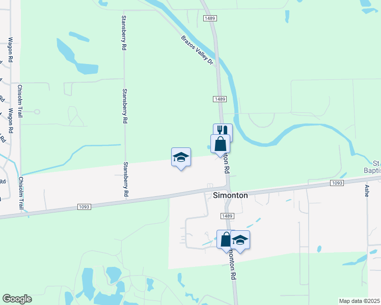 map of restaurants, bars, coffee shops, grocery stores, and more near 9114 Farm to Market 1489 in Simonton