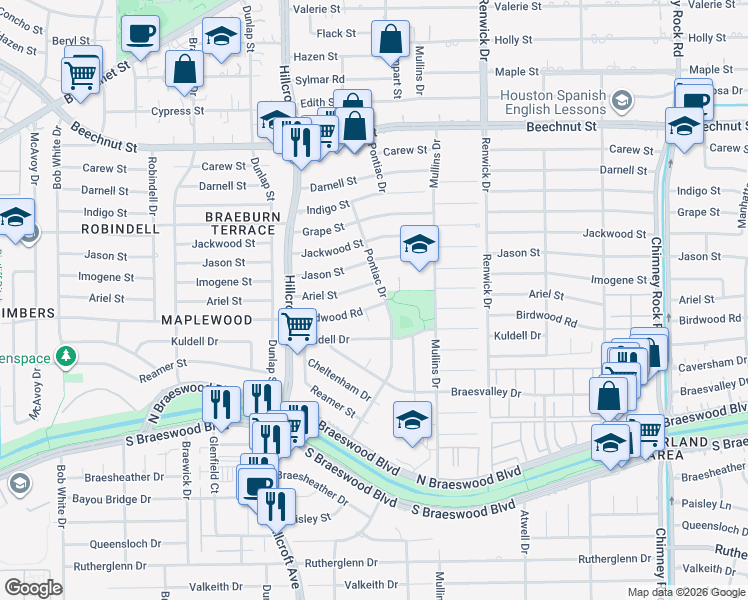 map of restaurants, bars, coffee shops, grocery stores, and more near 8906 Pontiac Drive in Houston