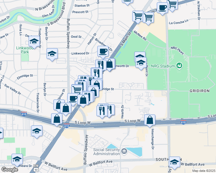 map of restaurants, bars, coffee shops, grocery stores, and more near 2700 Westridge Street in Houston