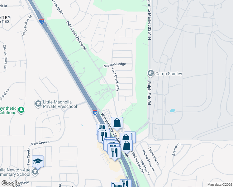 map of restaurants, bars, coffee shops, grocery stores, and more near 7642 Presidio Creek in Boerne