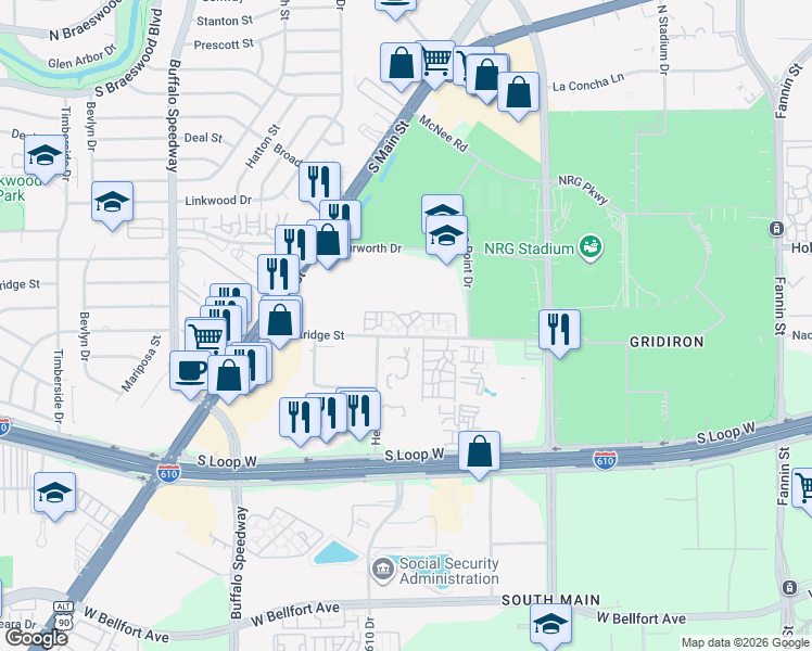 map of restaurants, bars, coffee shops, grocery stores, and more near 2600 Westridge Street in Houston
