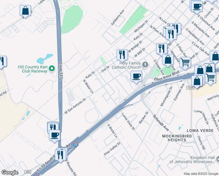 map of restaurants, bars, coffee shops, grocery stores, and more near 173 South Krueger Avenue in New Braunfels