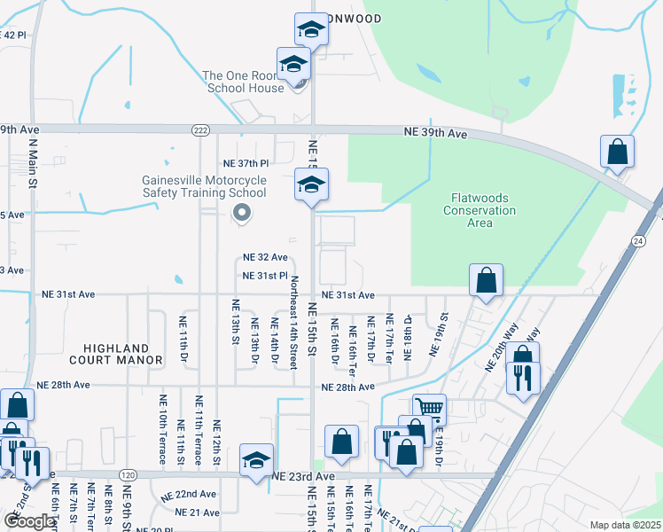 map of restaurants, bars, coffee shops, grocery stores, and more near 3101 Northeast 15th Street in Gainesville