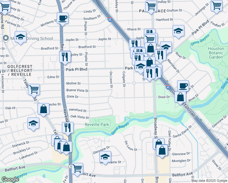 map of restaurants, bars, coffee shops, grocery stores, and more near 7807 Dixie Drive in Houston