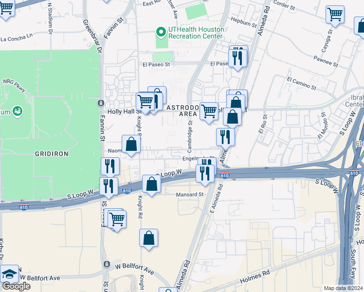 map of restaurants, bars, coffee shops, grocery stores, and more near 8509 Cambridge Street in Houston