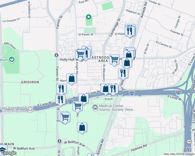 map of restaurants, bars, coffee shops, grocery stores, and more near 2216 Naomi Street in Houston