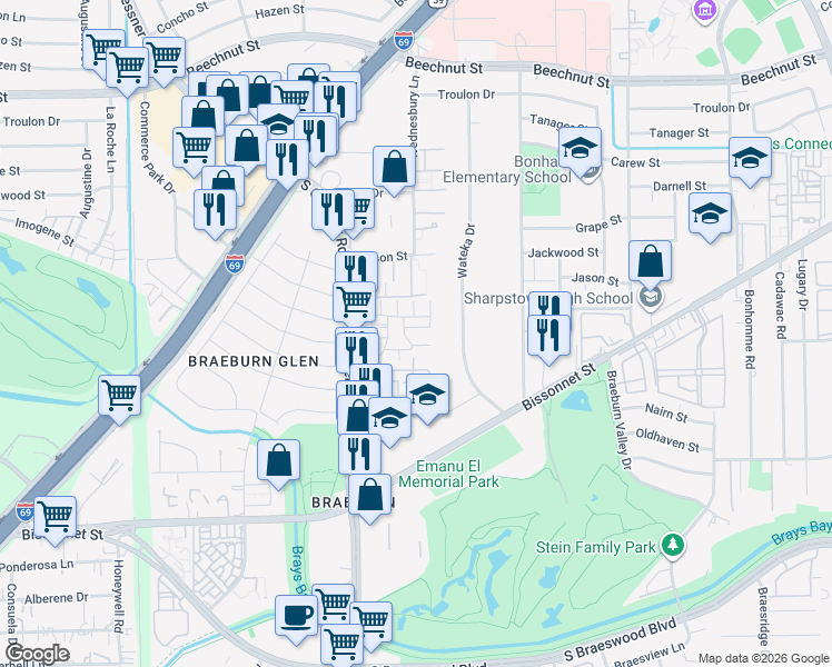 map of restaurants, bars, coffee shops, grocery stores, and more near 8349 Nairn Street in Houston