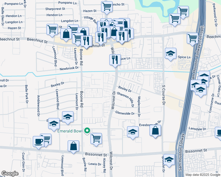 map of restaurants, bars, coffee shops, grocery stores, and more near 8816 Wilcrest Drive in Houston