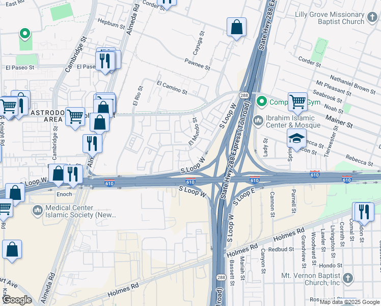 map of restaurants, bars, coffee shops, grocery stores, and more near 8181 El Mundo Street in Houston