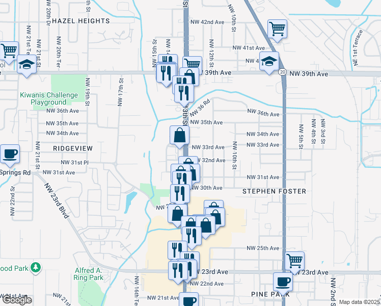 map of restaurants, bars, coffee shops, grocery stores, and more near 3178 Northwest 12th Terrace in Gainesville