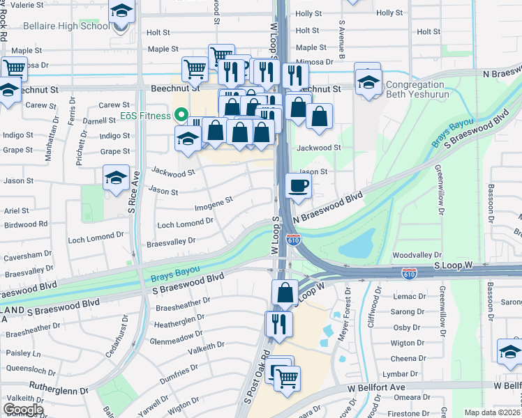 map of restaurants, bars, coffee shops, grocery stores, and more near 4710 North Braeswood Boulevard in Houston