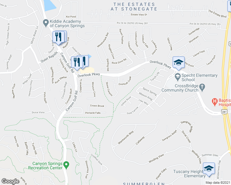 map of restaurants, bars, coffee shops, grocery stores, and more near 26037 Stone Canyon in San Antonio