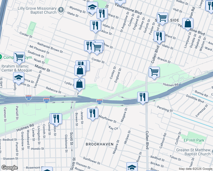 map of restaurants, bars, coffee shops, grocery stores, and more near 4114 Mainer Street in Houston