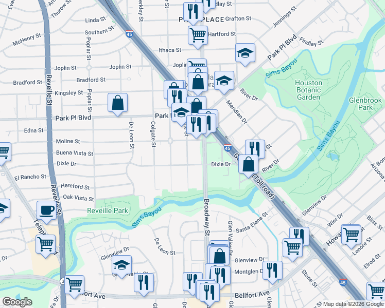 map of restaurants, bars, coffee shops, grocery stores, and more near 4045 Erie Street in Houston