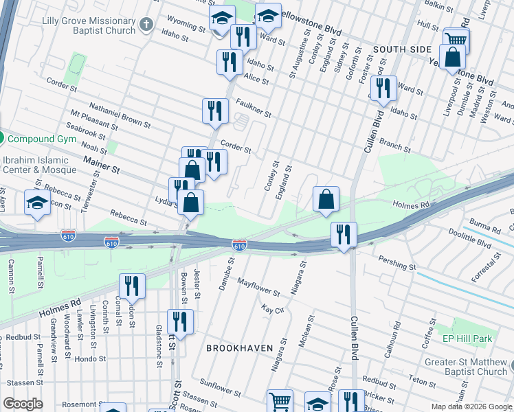 map of restaurants, bars, coffee shops, grocery stores, and more near 4114 Mainer Street in Houston