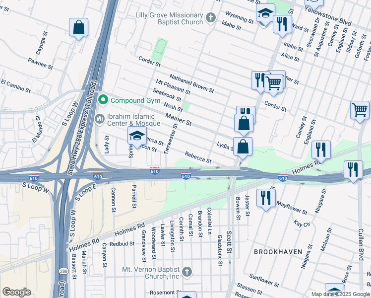 map of restaurants, bars, coffee shops, grocery stores, and more near 3634 Rebecca Street in Houston