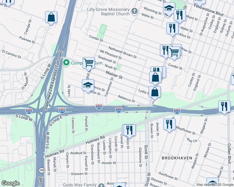 map of restaurants, bars, coffee shops, grocery stores, and more near 3634 Rebecca Street in Houston