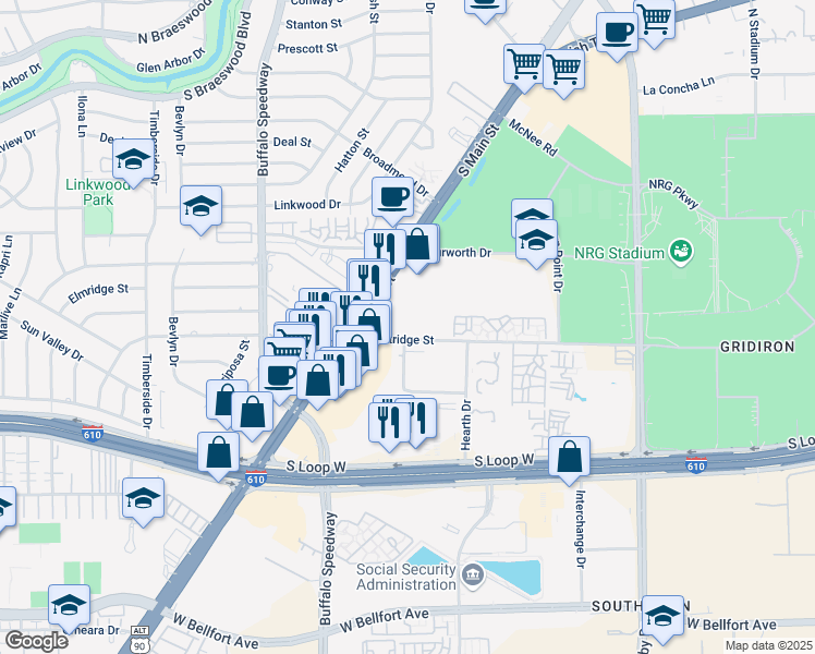 map of restaurants, bars, coffee shops, grocery stores, and more near U Avenue V in Houston